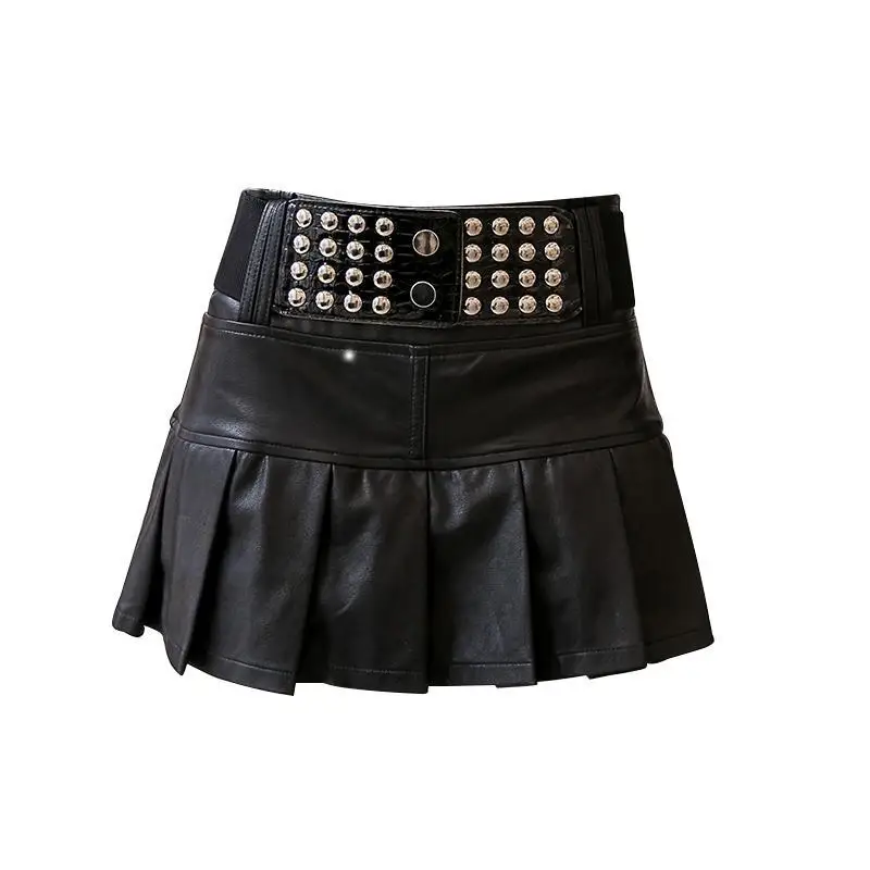 Модная плиссированная кожаная юбка с заклепками Женская осенне-зимняя короткая