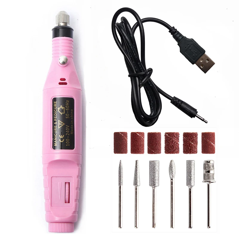 Розовый 1 Набор, 5 В, USB, одна, низкая скорость, электрическая дрель для ногтей, машинка для маникюра, пилка для дизайна ногтей, сверла для ногтей, инструмент, аппарат для педикюра - Цвет: Розовый