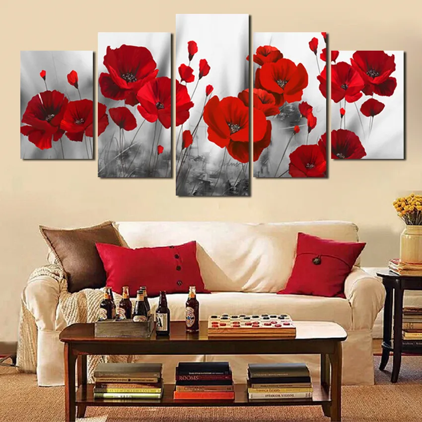 

Nordic Decoration Blooming Red 5Pcs Decorative Canvas Painting Home Living Room Decoration Frameless Style Can Be Customized