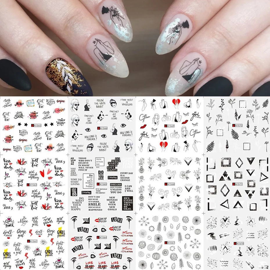 

12pcs Black Flower Nail Sticker Russian Letter Transfer Water Slider Sexy Girl Leaf Nail Wraps Manicure Decoration SAA1561-1572