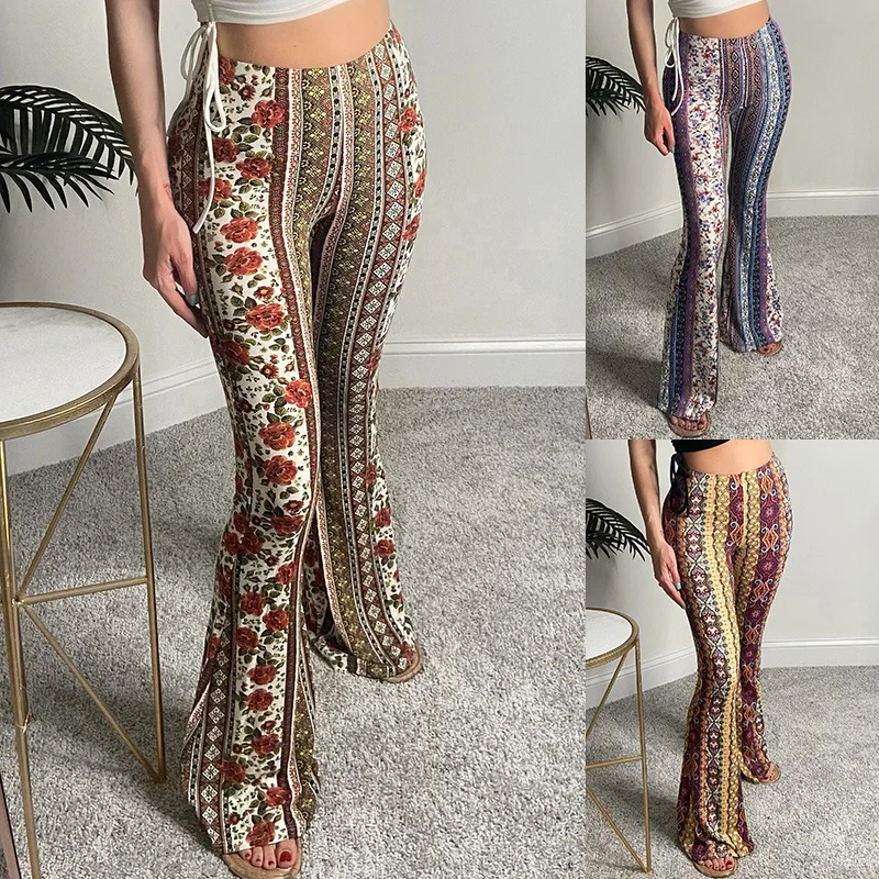 

Casual Street Hippie Women Boho Print Long Pants Flared Wide Legs Summer Bell New Trendy High Waist Slim Bottom Trousers S-XL