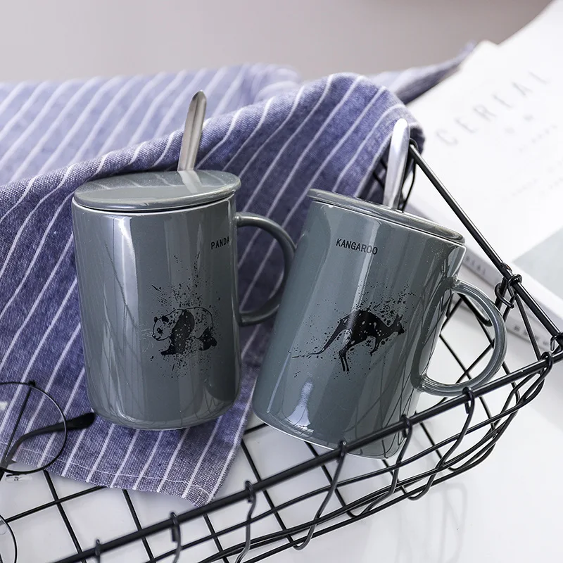 

Nordic wind ins animal grey ceramic cup with cover spoon creative mug office coffee student couple cup