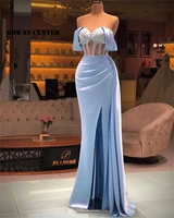 sky blue evening dresses mermaid formal dress women slit prom gowns off the shoulder wedding party gown satin robe de fiesta