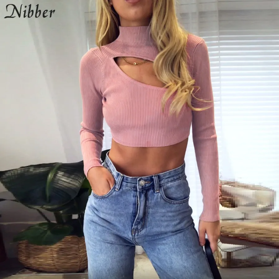 Nibber, осенняя мода, полый чистый вязаный короткий топ, Женские базовые футболки с длинным рукавом,, элегантные тонкие топы, женские футболки для отдыха