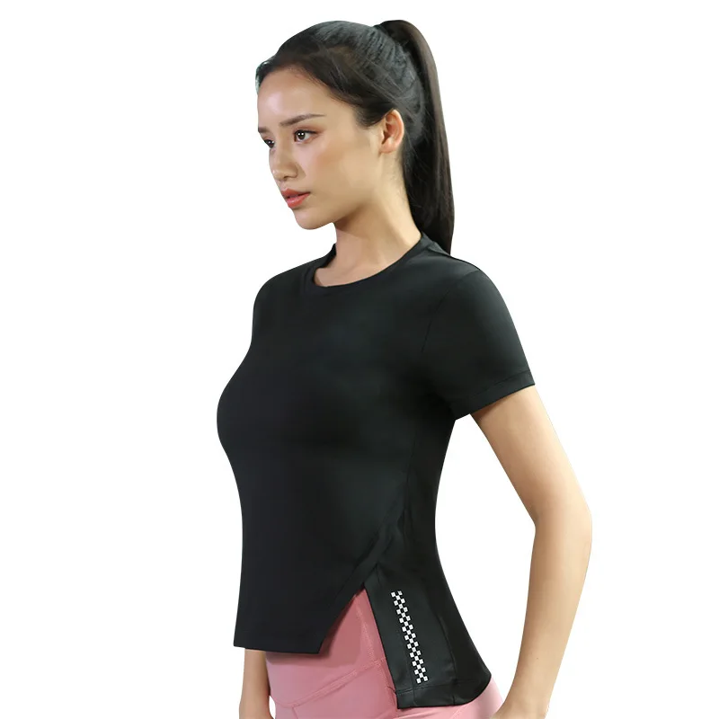 

Spring and summer slim slim sweat absorption short sleeves fitness wear yoga running T-shirt split stretch short sleeves