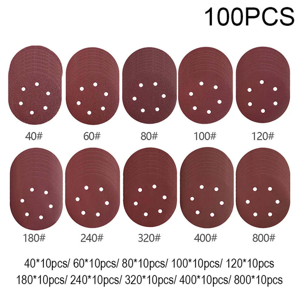 

100 шт. шлифовальный диск 5 дюймов 125 мм 6 отверстий, круглая наждачная бумага 40/60/80/100/120/180/240/320 Grits, ассорти наждачная бумага