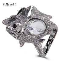 cool fish design ring big oval zirconia stone jewellery gun black plated large finger rings for party jewelry