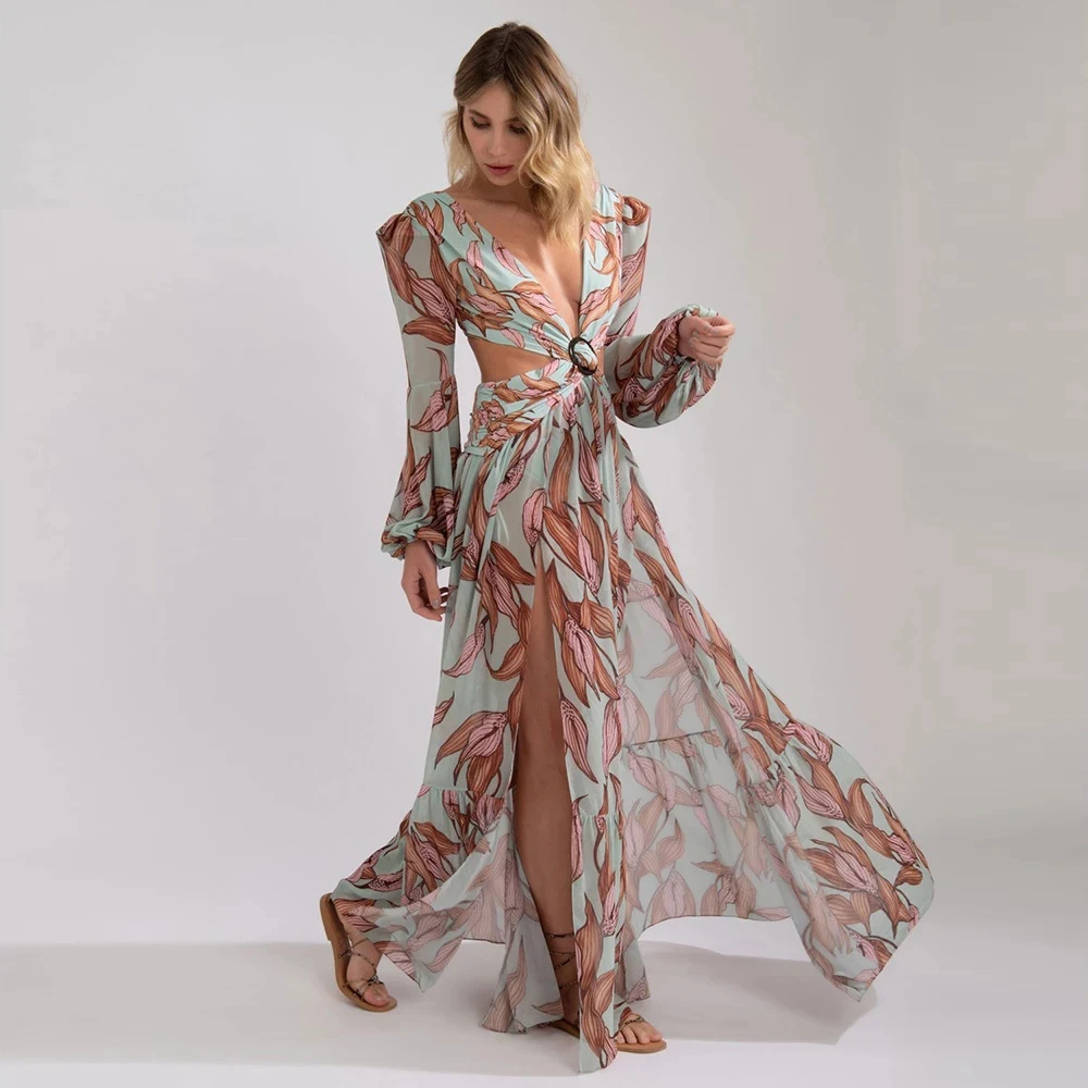 2021 Beach Dress Summer Floral Swimsuit Print Belt Bathing Suit Women Long Cover Up Off Shoulder Beachwear