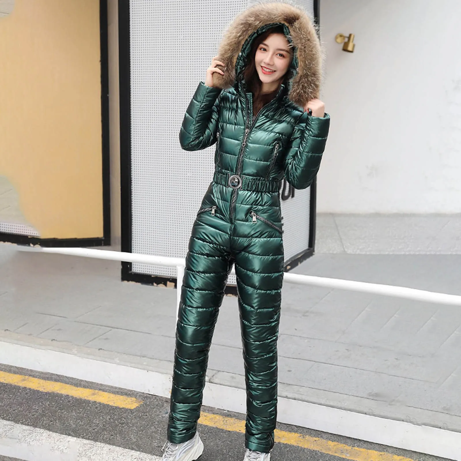 2021 Women New Solid Color Hooded Jumpsuits Winter Warm Thickened Down Jackets Noodles Playsuit Bread Suit One-piece Ski |