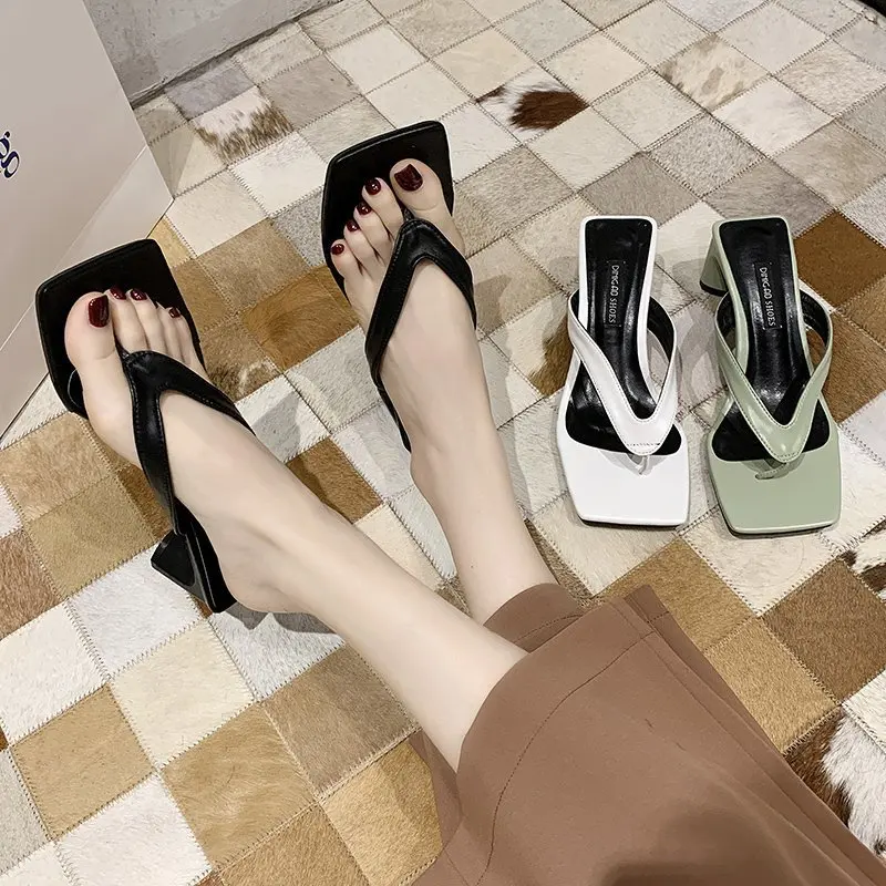 

2021 INS Fashion Women Round High Heels Slides Mules Female Open Toe Strappy Green Beige Heels Slippers Beach Sandals Party Shoe