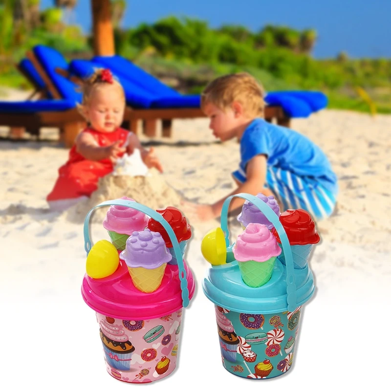 

6Pieces Summer Game Kit Sand Playing Toy Sandpit Beach Sandbox with Bucket Beach Sand Toy Ice Cream Model Kids Play Set
