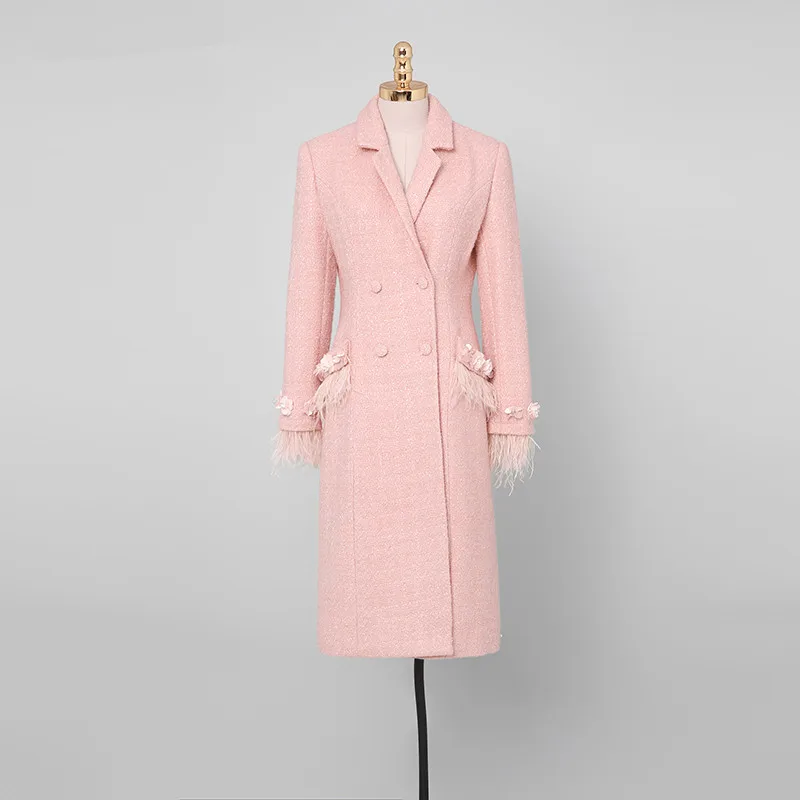 Elegant Feathers Double-breasted Winter Coat Women Runway Designer Thick Warm Pink Wool Coat Jacket High Quality Outwear