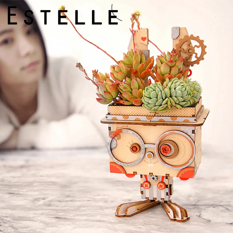 3D Деревянный робот игра головоломка Креативный цветочный горшок коробка для