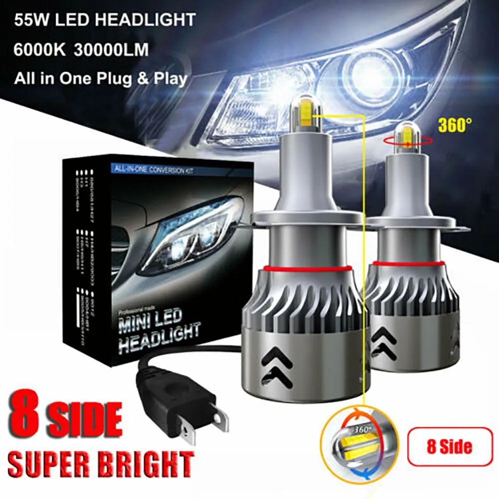 

H7/H8/H9/H11 9006/HB4 Xenon hid kit 8 Sides 2PCS 55W 30000LM led h7 Car Canbus LED Headlights Lamps Kit Bright