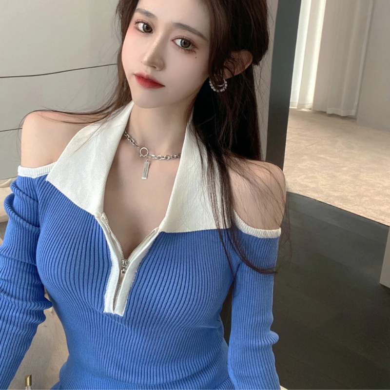 

Knitted Dress Women High Waist Slim Fit Sexy Off-the-shoulder Long Sleeve Base Skirt Femal Autumn Spring New Style Sweet Girl
