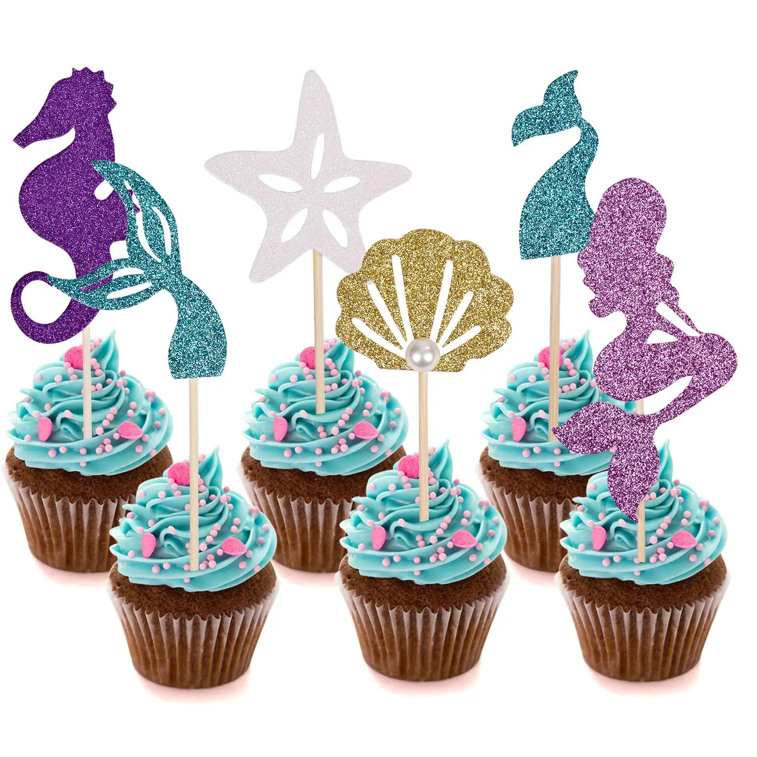 

12Pcs Glitter Paper Purple Blue Mermaid Cake Topper Seashell Starfish Cupcake DIY Under the Sea Themed Birthday Party Cake Decor