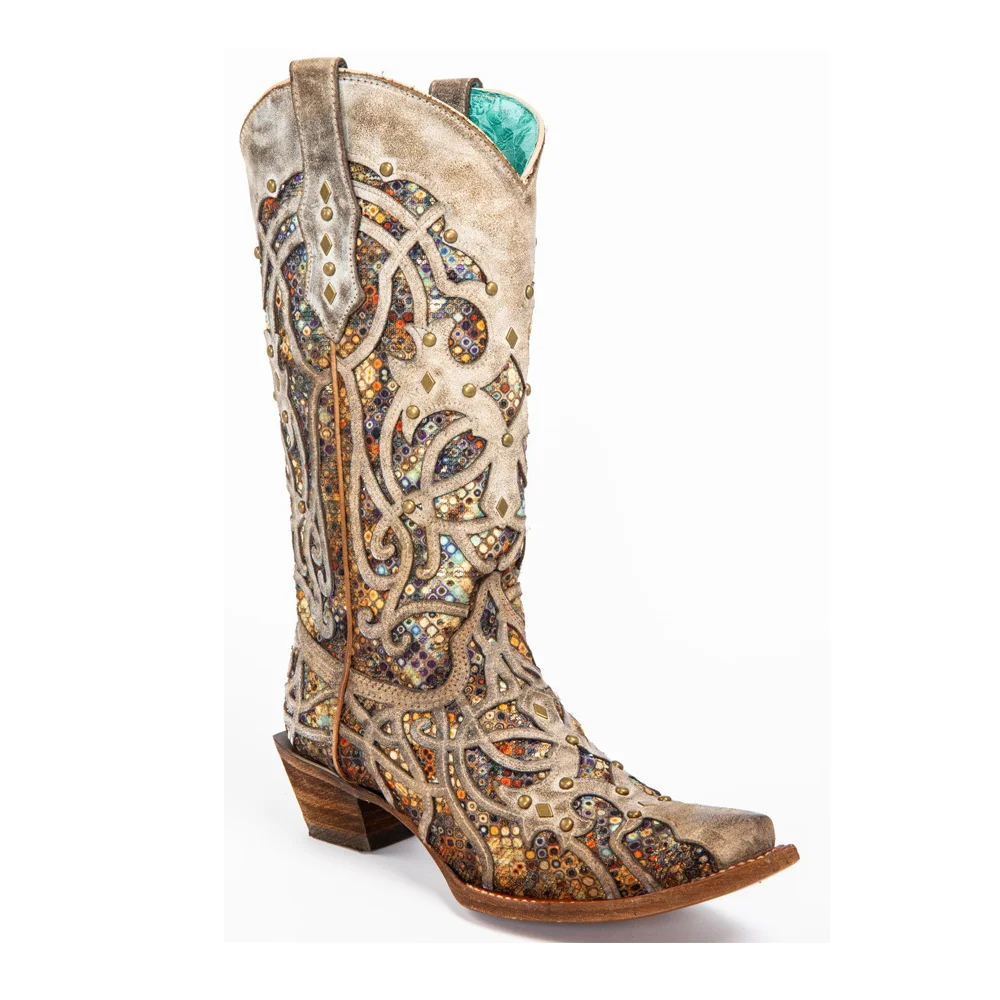 

Women Taupe Inlay Western Boots Snip Toe