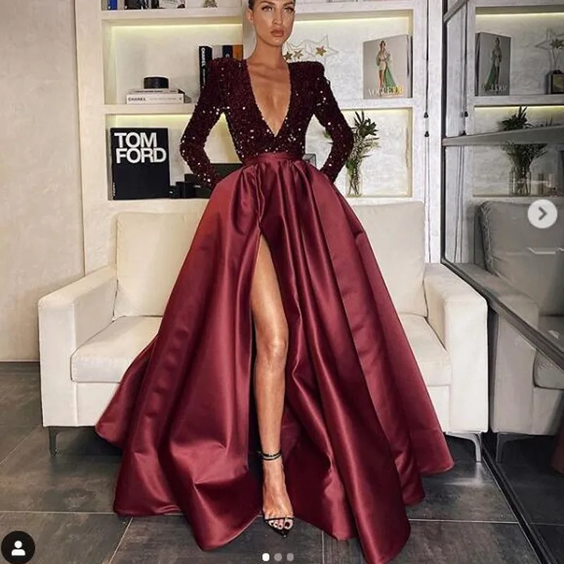 

Burgundy Evening Gown Long Sleeve abiye Saudi Arabic Evening Gowns Sequins 2020 Abendkleider Vestidos Prom Gowns High Slit