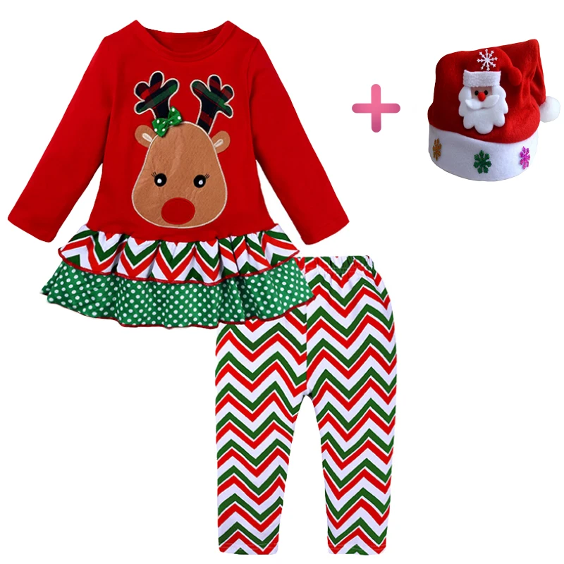 

2021 New lovely babies outfits Christmas Kids Baby Girl Xmas Santa Hat +Long Sleeve Top ruffles print Pants cute Outfit Set 2-7Y