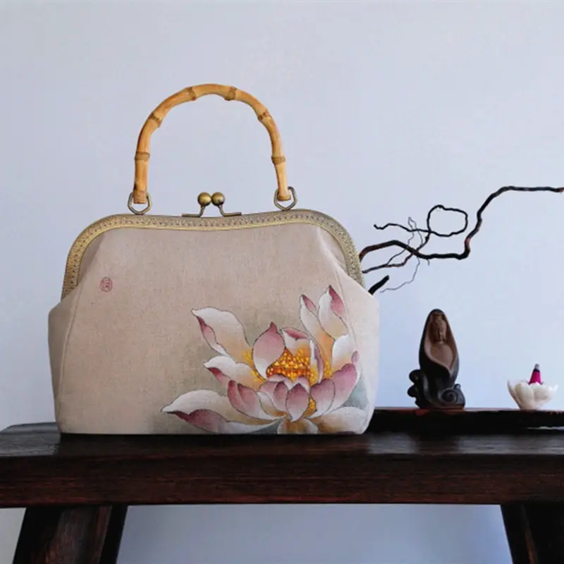 

Новинка 2020, сумка через плечо, Высококачественная женская сумка в национальном стиле из хлопка и льна с рисунком лотоса ручной работы и Чонс...