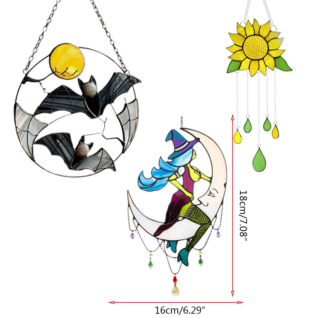 

Halloween Witch On Moon Decor Stained Suncatchers Window Hangings Outdoor Wall Art Home Decoration