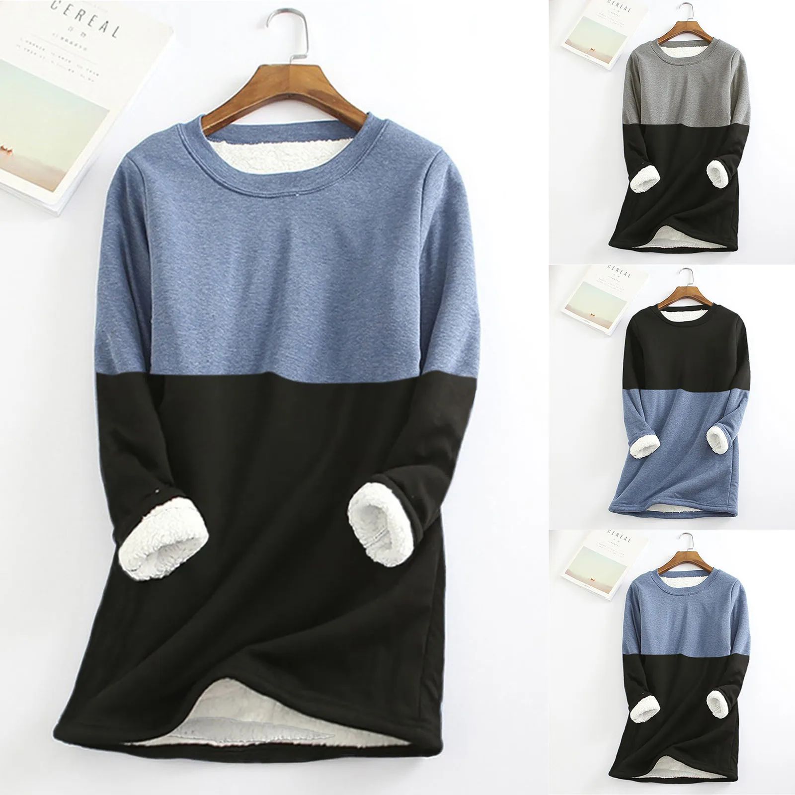 Long Thick Stitching Solid Color Round Neck Sweater Women's Fleece Matching Sweatshirt Warm Underwear Fashion Top | Женская одежда