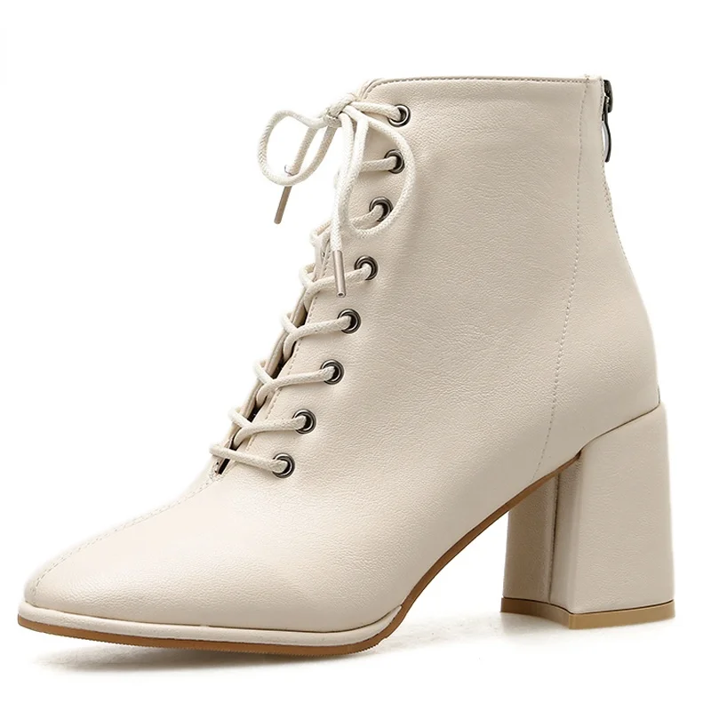 

Женские ботильоны из искусственной кожи, до щиколотки, с круглым носком, на шнуровке, на высоком каблуке, осень 2021