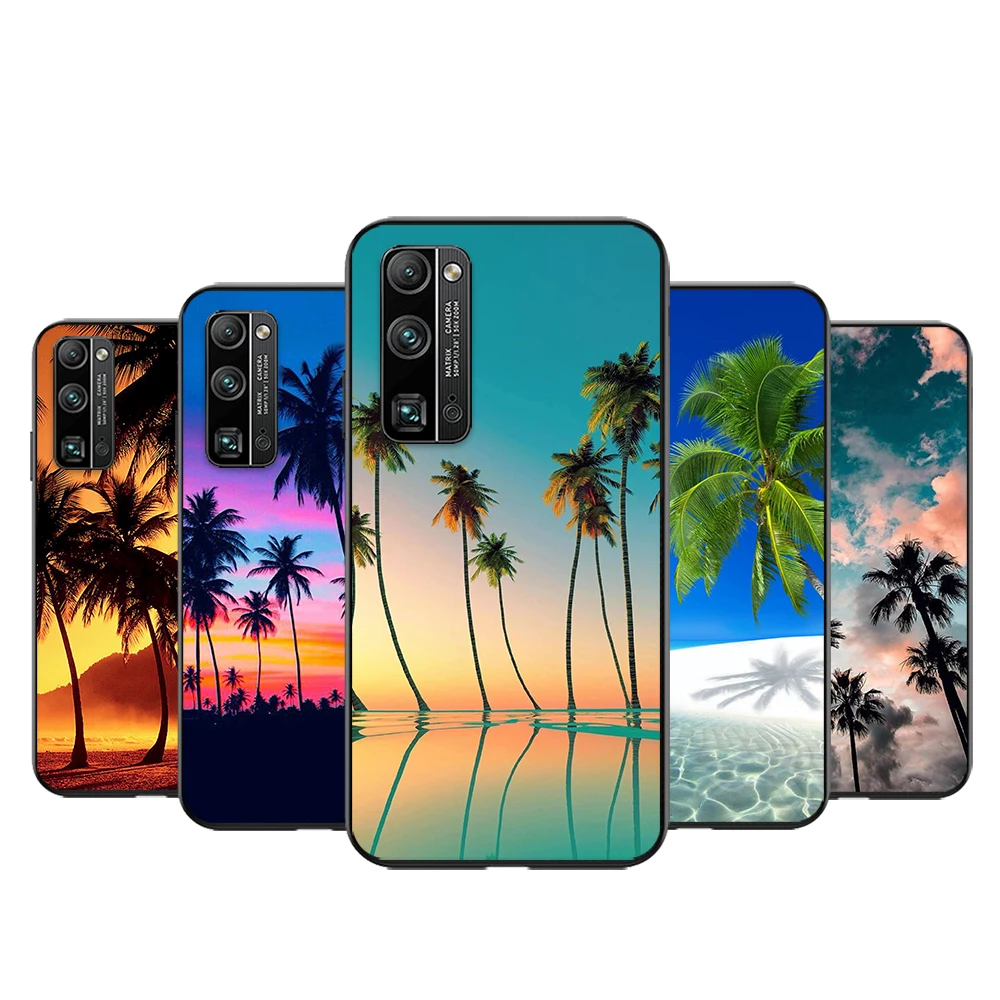 

Silicone Soft TPU Cover Sea Palm Trees Seaside For Honor 50 X20 SE V30 30 30S Magic 3 Play 5 5T Pro Plus 5G Black Phone Case