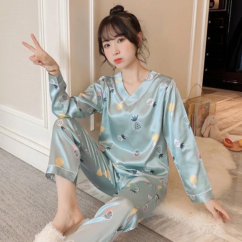 Casual Women's Pajamas Sets Ice Snow Silk V-neck Long-sleeved Autumn Cute Home Service Suit Sleepwear conjuntos de mujer