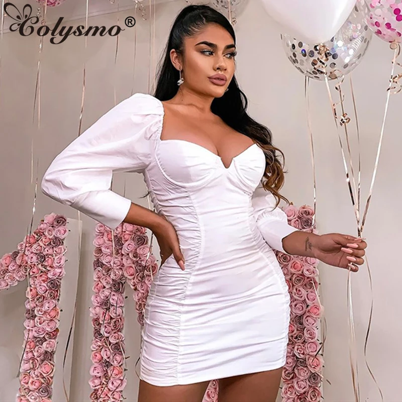 Женское мини платье с рюшами Colysmo однотонное облегающее вечернее v образным