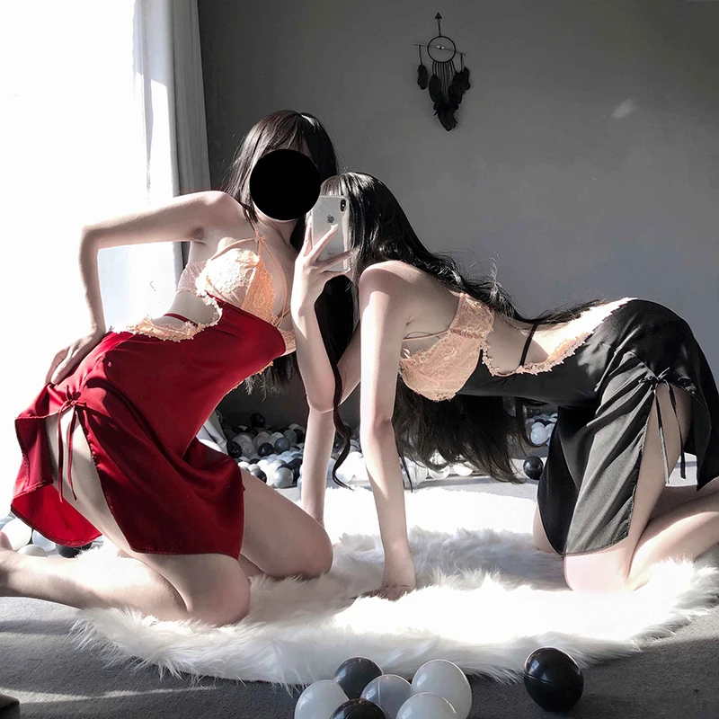 Lace Full Slips Nightgown Sling 4 Colors Womens Chemise Flower Sleeveless Sexy V-Neck Lace Onepiece Dress Thong Lingerie Female