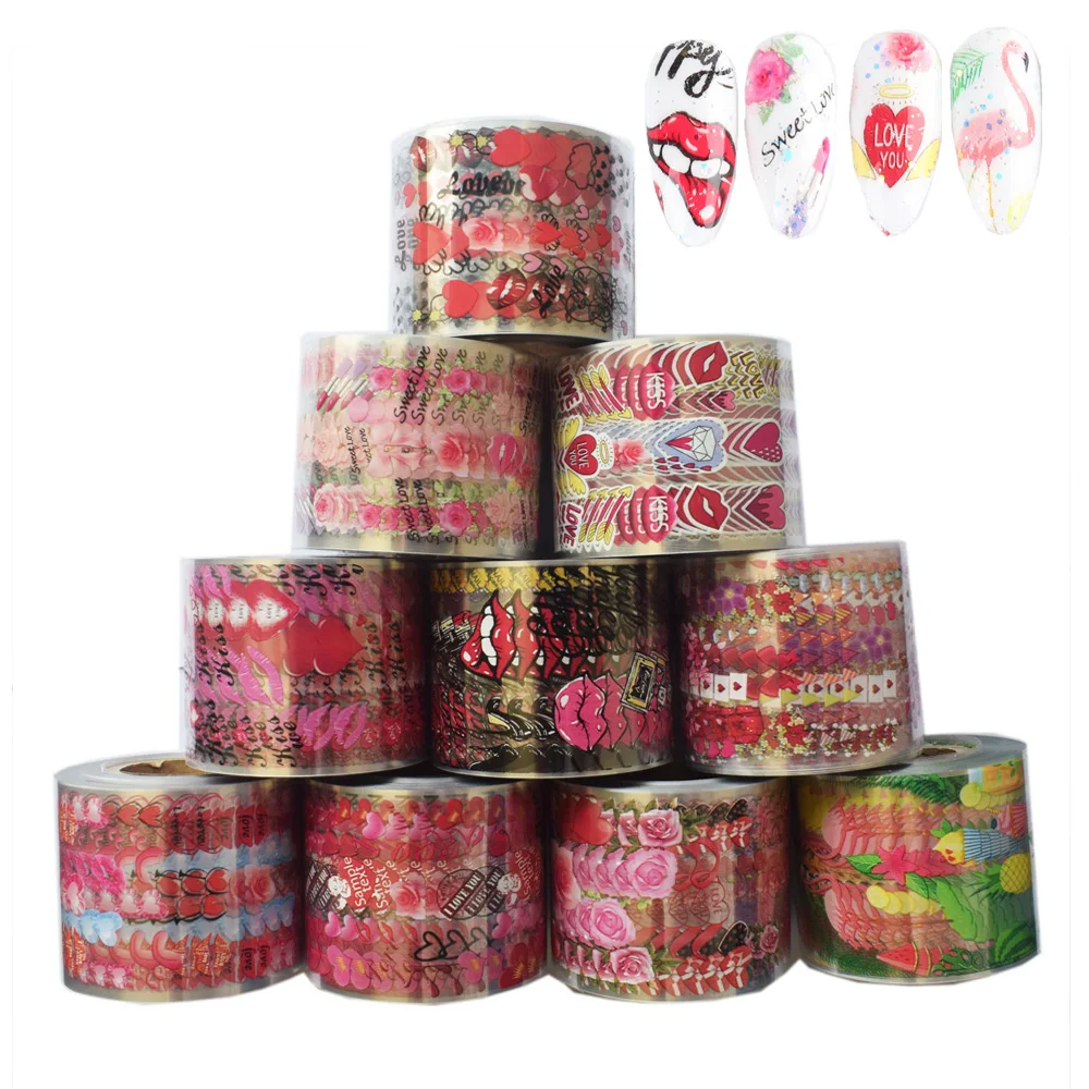 

10Rolls Flower Love Heart Nail Foil Sliders Set 50M*4cm Flamingo Lip Rose Design Adhesive Transfer Nail Art Polish Wraps Decals