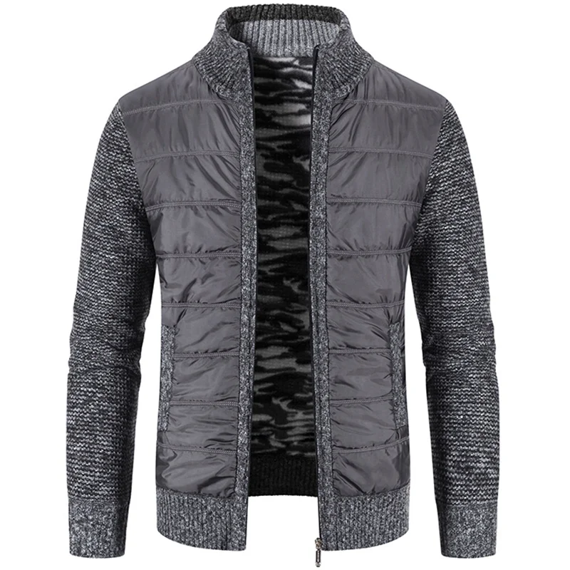 Зимнее пальто Новый мужской свитер кардиган на молнии в стиле пэчворк теплый