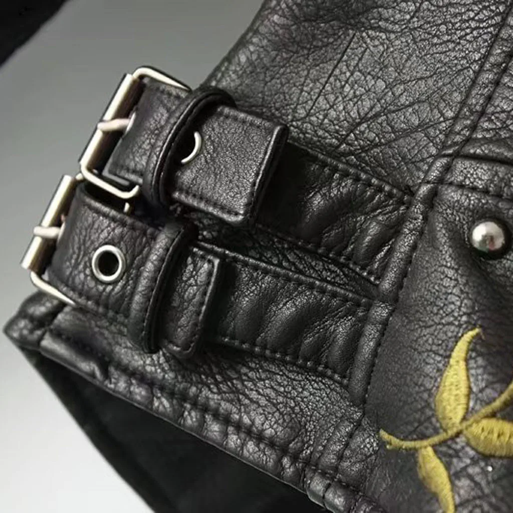 Женская кожаная куртка свободного покроя с длинным рукавом и вышивкой