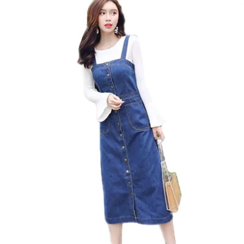 

Fashion retro denim dress casual temperament solid color single-breasted strap was thin in the long section A-line Sling dress