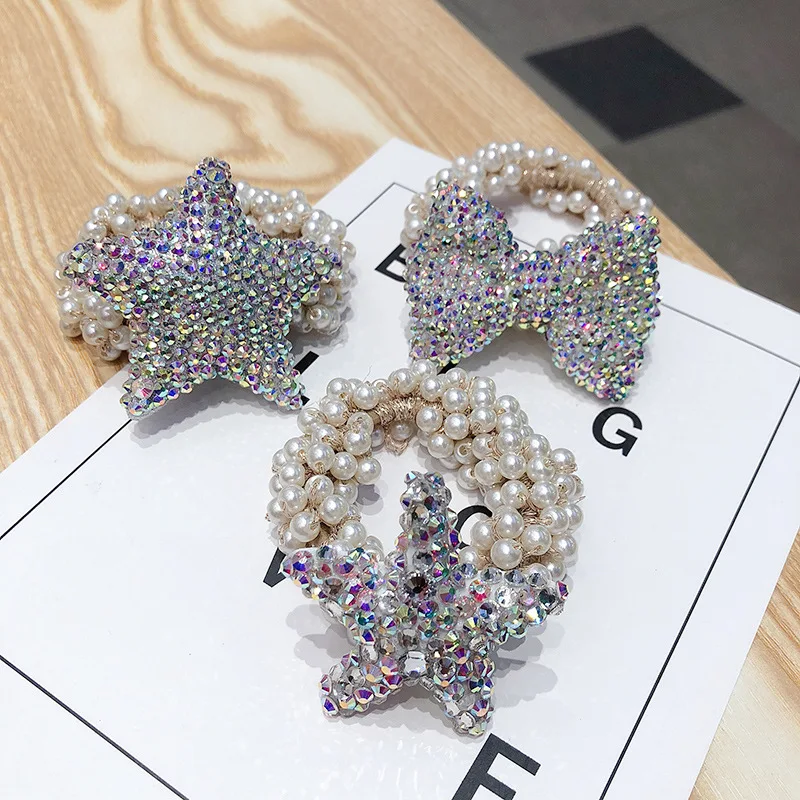 

Korea Exquisite Fashion Full Rhinestones Star Bow Imitation Pearl Rubber Band Hair Rope Temperament Women's Hair Accessories