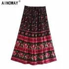 Женская юбка с цветочным принтом, этническая винтажная пляжная юбка в богемном стиле с высокой эластичной талией из вискозы и хлопка, макси-юбки в стиле бохо