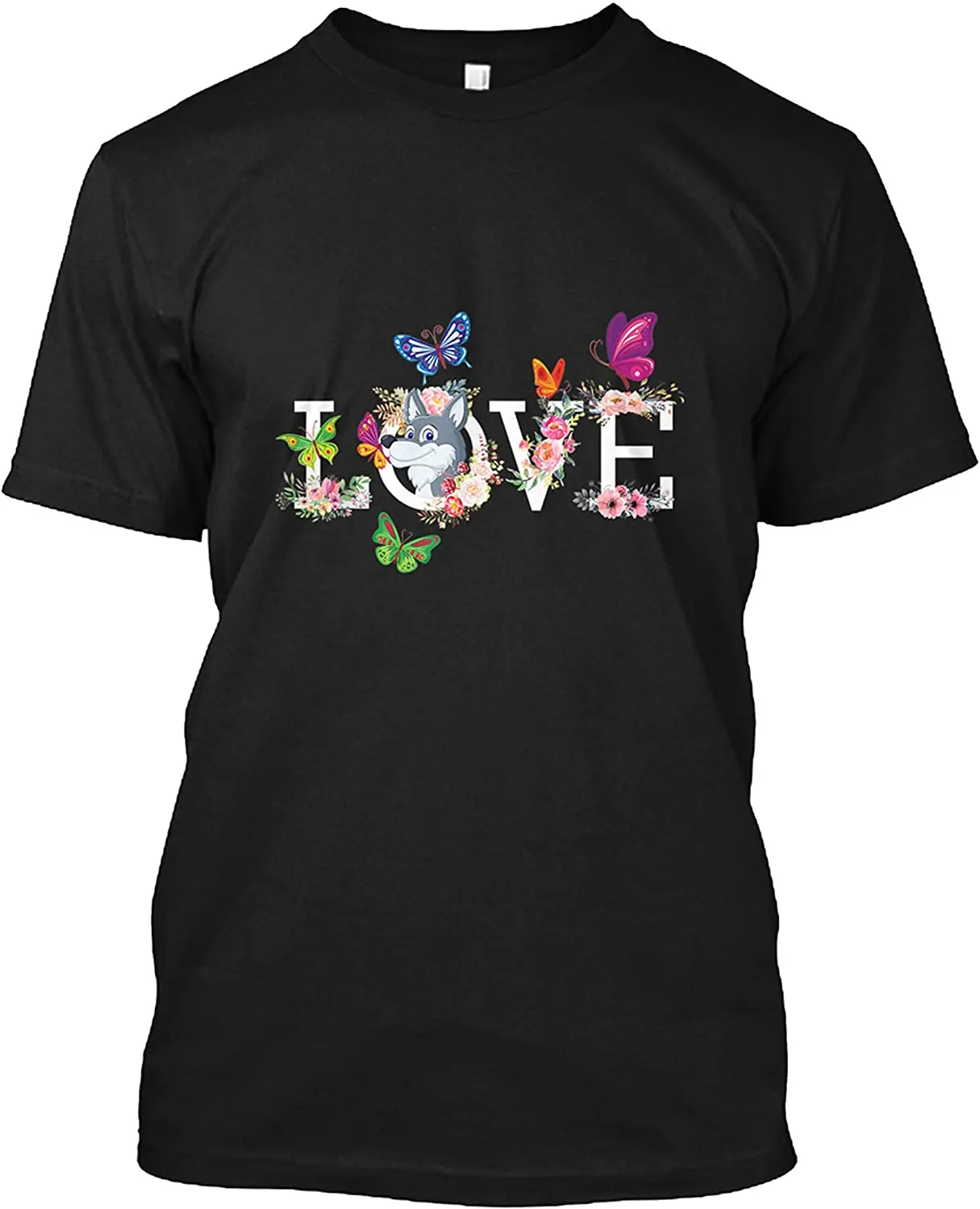 

Love Wolf Flower Butterfly T-Shirt for Men Funny Cool Tee Breathable All Cotton Short Sleeve T Shirt