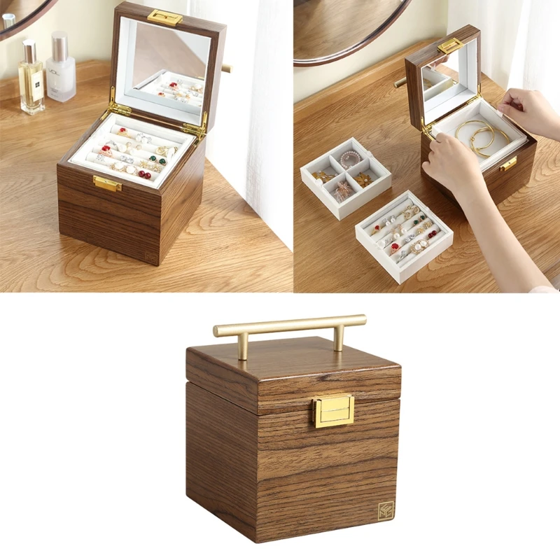 

Large 3-Layer Wooden Jewelry Box Luxurious Velvet Earring Necklace Desktop Cosmetic Storage Box with Portable Handle