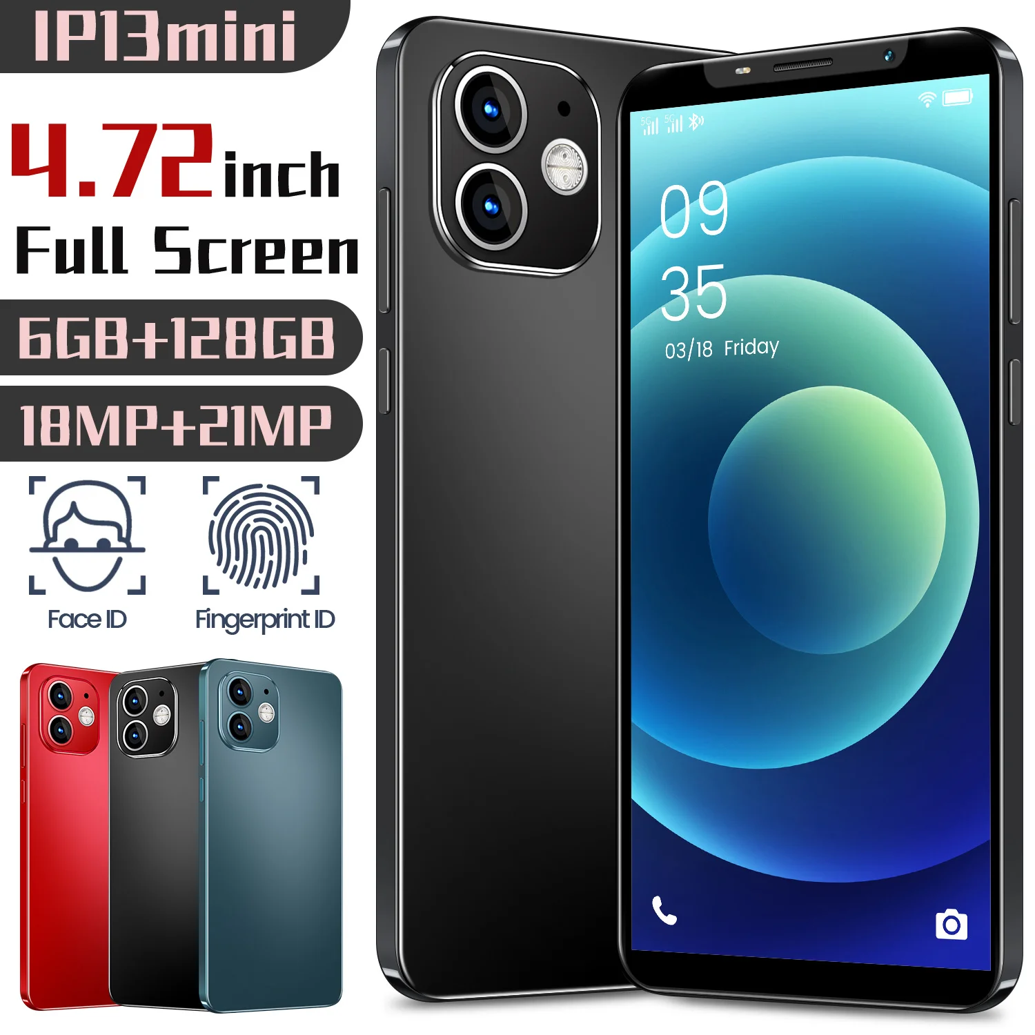 global version ip13mini 4 72 inch 4300mah battery face wake fingerprint unlock phone 6gb128gb mobile phone audio android phone free global shipping