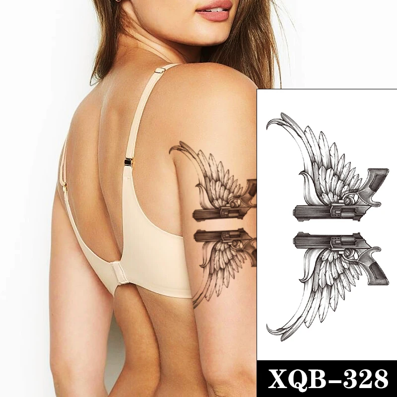 Водостойкая Временная тату-наклейка черные крылья перья пистолет тотем