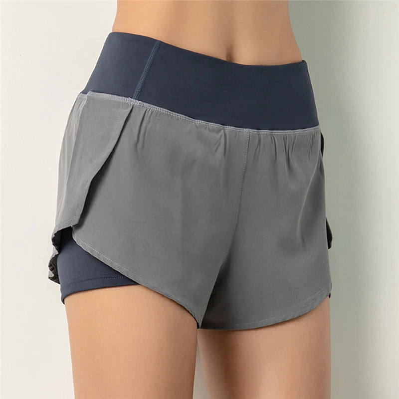 

2021 Women Gym Double Shorts Side Pocket Running Shorts Breathable Quick Dry Yoga Women Shorts Workout Fitness Sportwear