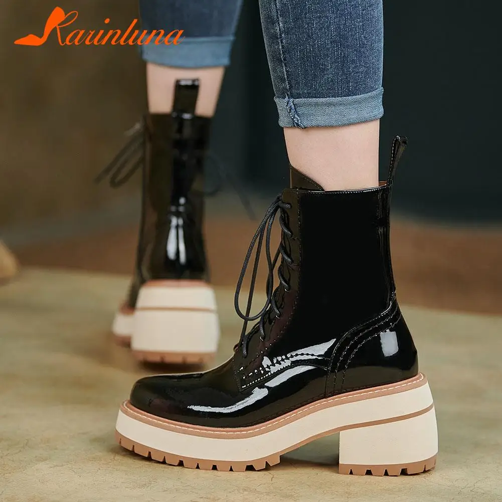 

Женские ботильоны из натуральной кожи Karinluna, ботинки на квадратном каблуке, с круглым носком, однотонные Ботильоны на молнии и перекрестной ...