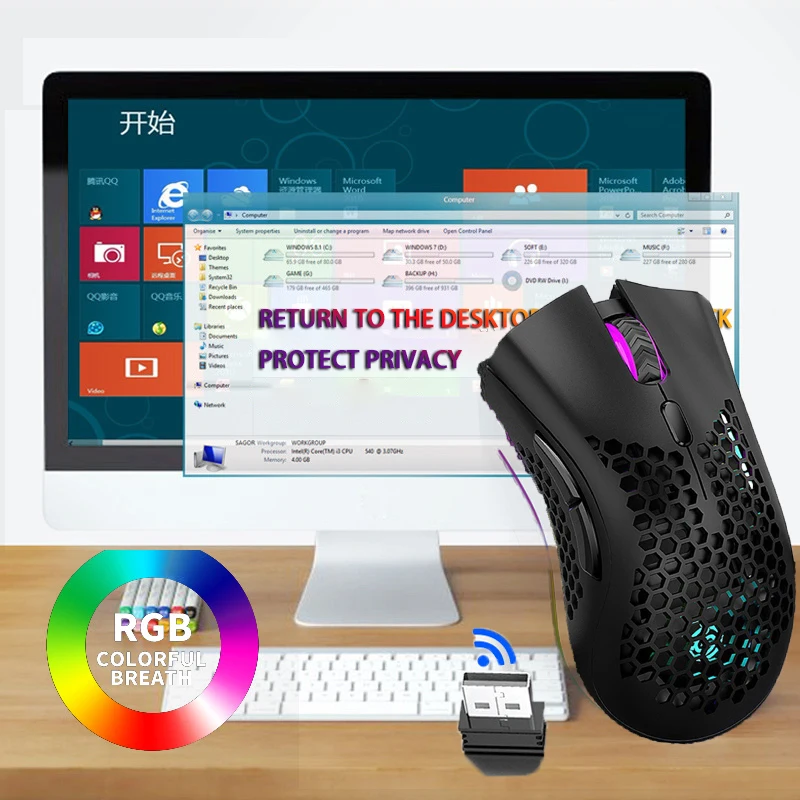 rechargeable with usb receiver 2 4g wireless rgb light gaming mouse for desktop pc notebook computers laptop mice gamer mause free global shipping