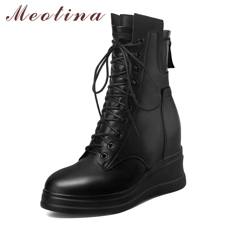 

Meotina Real Leather Platform High Heel Mid Calf Boots Women Shoes Zip Cross Tied Wedge Heels Lady Boots Autumn Winter Black 40