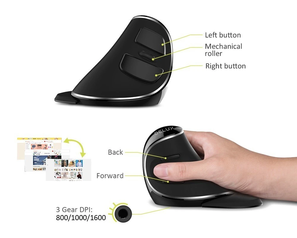 Вертикальная мышь Delux M618 плюс эргономичная Беспроводной компьютерная игровая USB