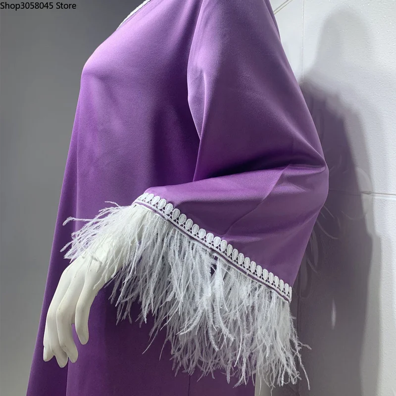 Женское платье макси с кисточками и перьями Abayas фиолетовое вечернее в
