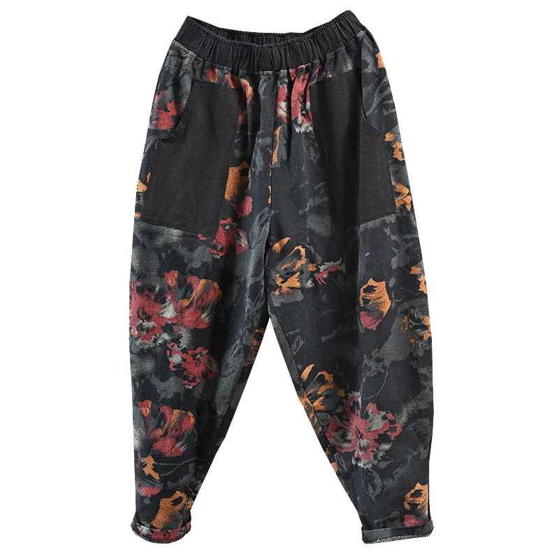 Женские осенние джинсы в стиле ретро с цветочным принтом Лоскутные трикотажные