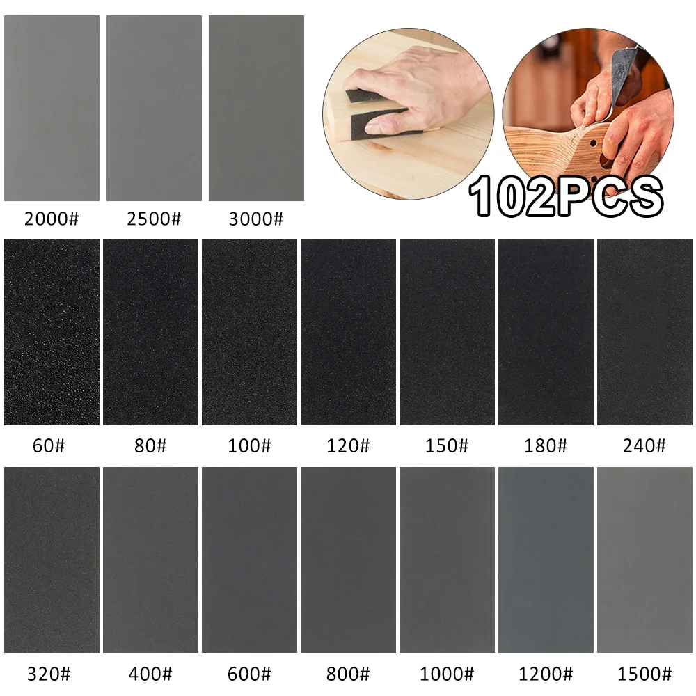 

102Pcs Wet Dry Sandpaper Sheets 60-3000Grit Sanding Dics for Woodworking Tools Furniture Finishing Sanding Metal Sanding