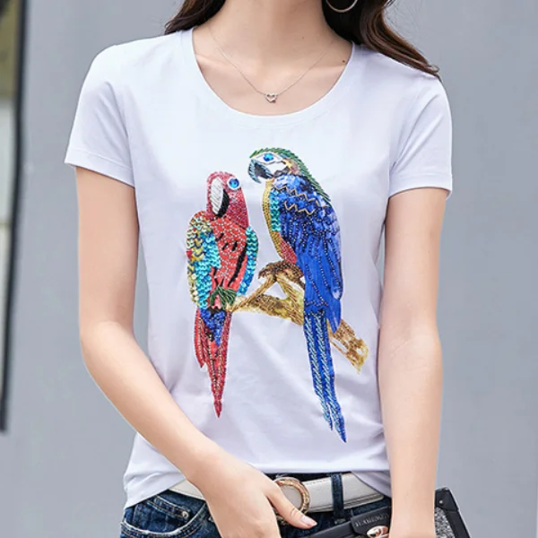 Фото Ручной отбортовывые алмазные Camisetas Mujer 2021 летняя футболка для женщин S отделкой Ручной отбортовывые алмазные Camisetas Mujer 2021 летняя футболка для женщин S отделкой